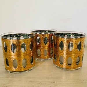 Set of 3 Vintage Culver 22k Gold Crackle Pisa Rocks Glasses